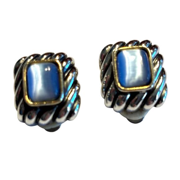 Clip on earrings chunky rope surround silver & gold with blue moonstone center - Picture 2 of 6
